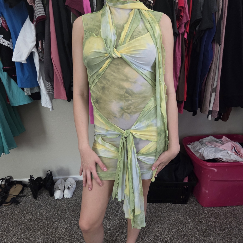 Fashion Nova Green and Yellow Wrap Dress